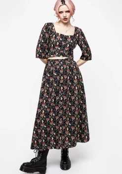 Dreamfast Mushroom Moon Print Button Up Tie Crop Top