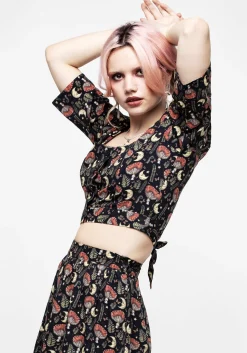 Dreamfast Mushroom Moon Print Button Up Tie Crop Top