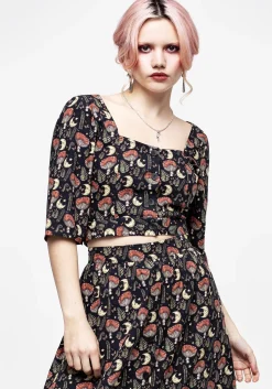 Dreamfast Mushroom Moon Print Button Up Tie Crop Top