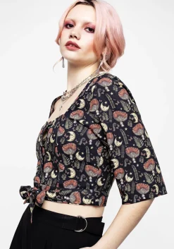 Dreamfast Mushroom Moon Print Button Up Tie Crop Top