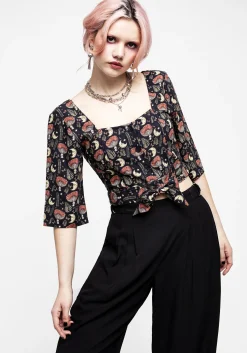 Dreamfast Mushroom Moon Print Button Up Tie Crop Top