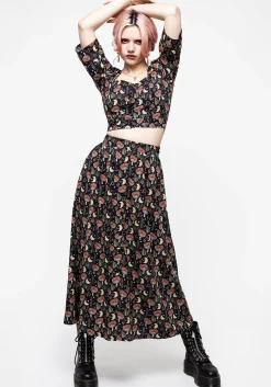 Dreamfast Mushroom Moon Print Button Up Midaxi Skirt