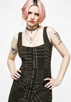 Dropout Check Sleeveless Button Down Midaxi Dress