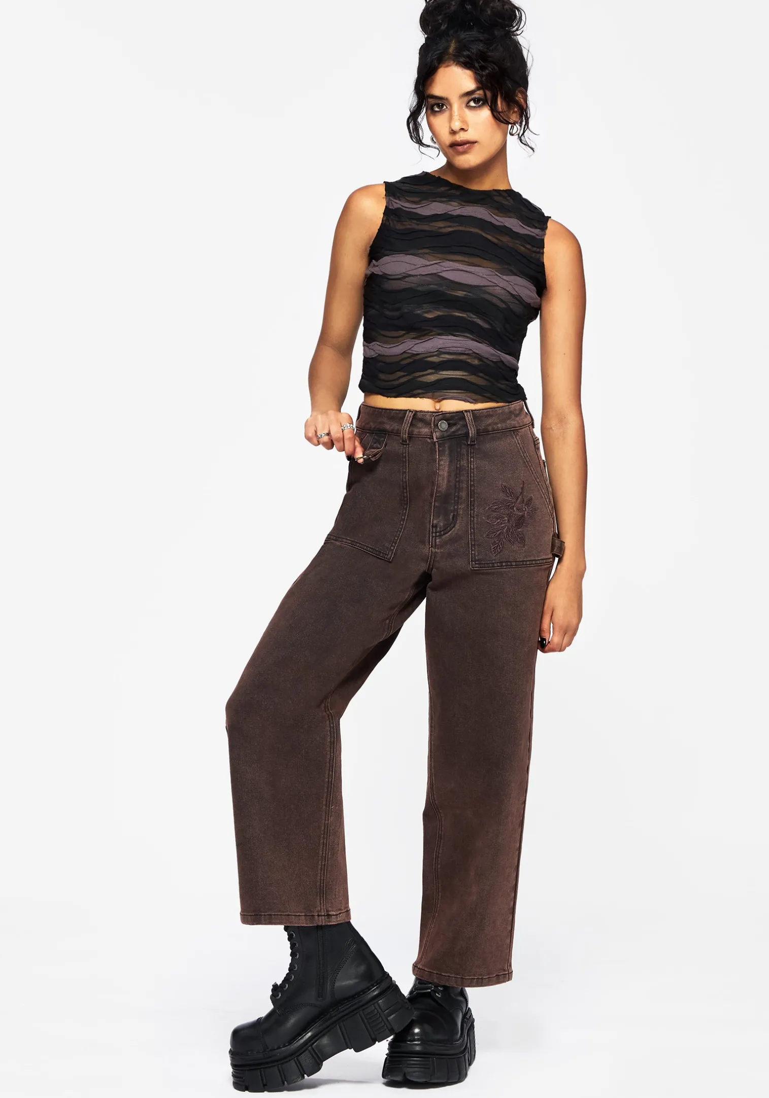 Echo Autumnal Leaf Embroidered Pocket Detail Cropped Jeans