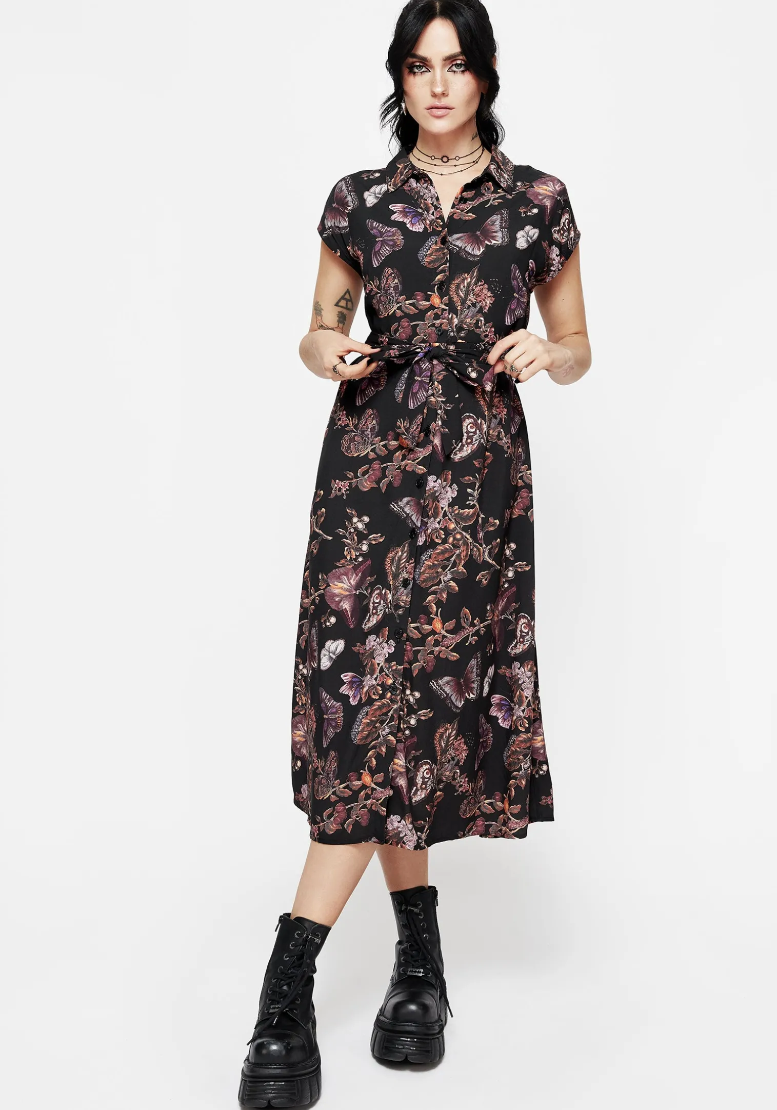 Eloise Floral Butterfly Print Button Up Midi Dress