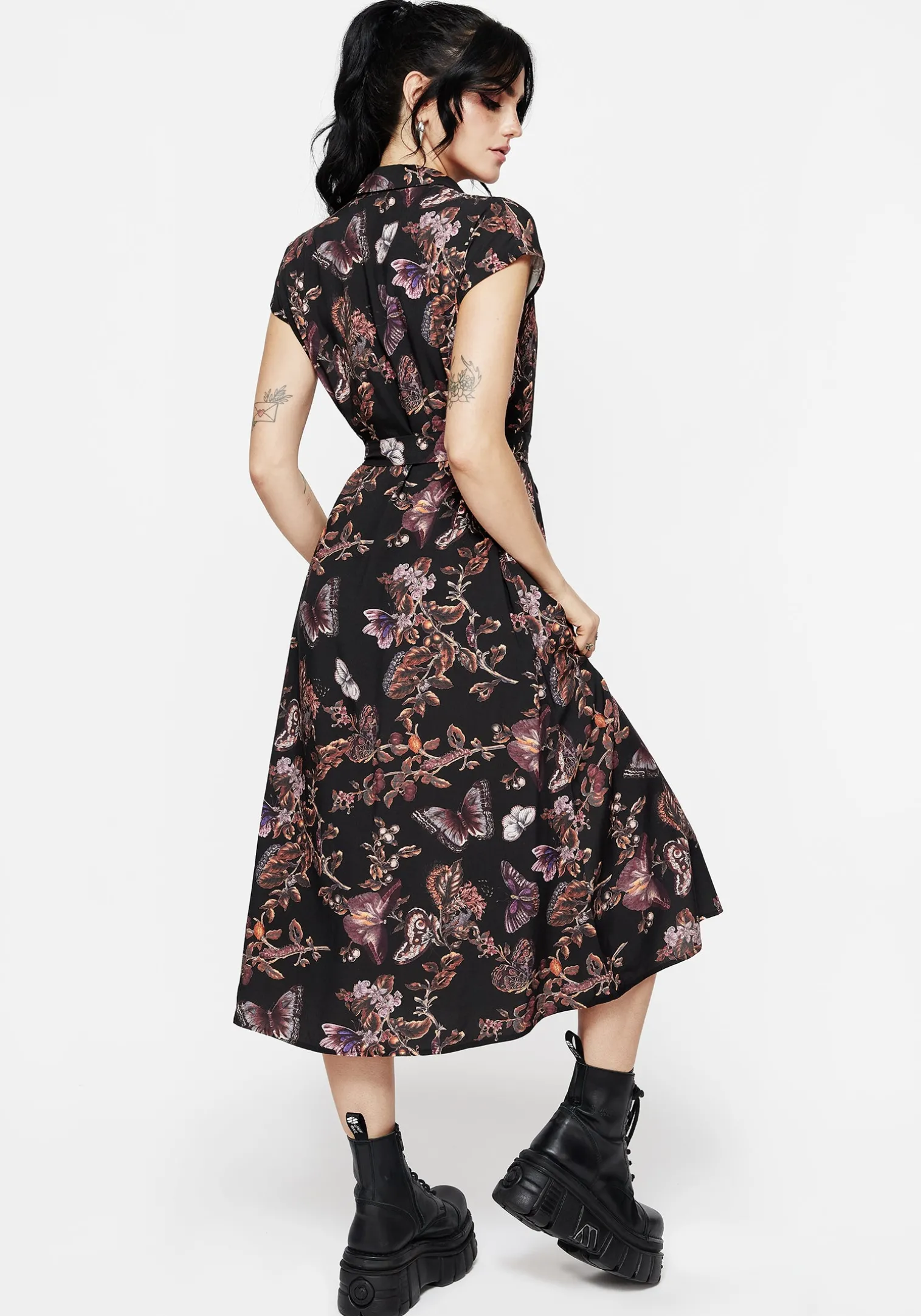 Eloise Floral Butterfly Print Button Up Midi Dress