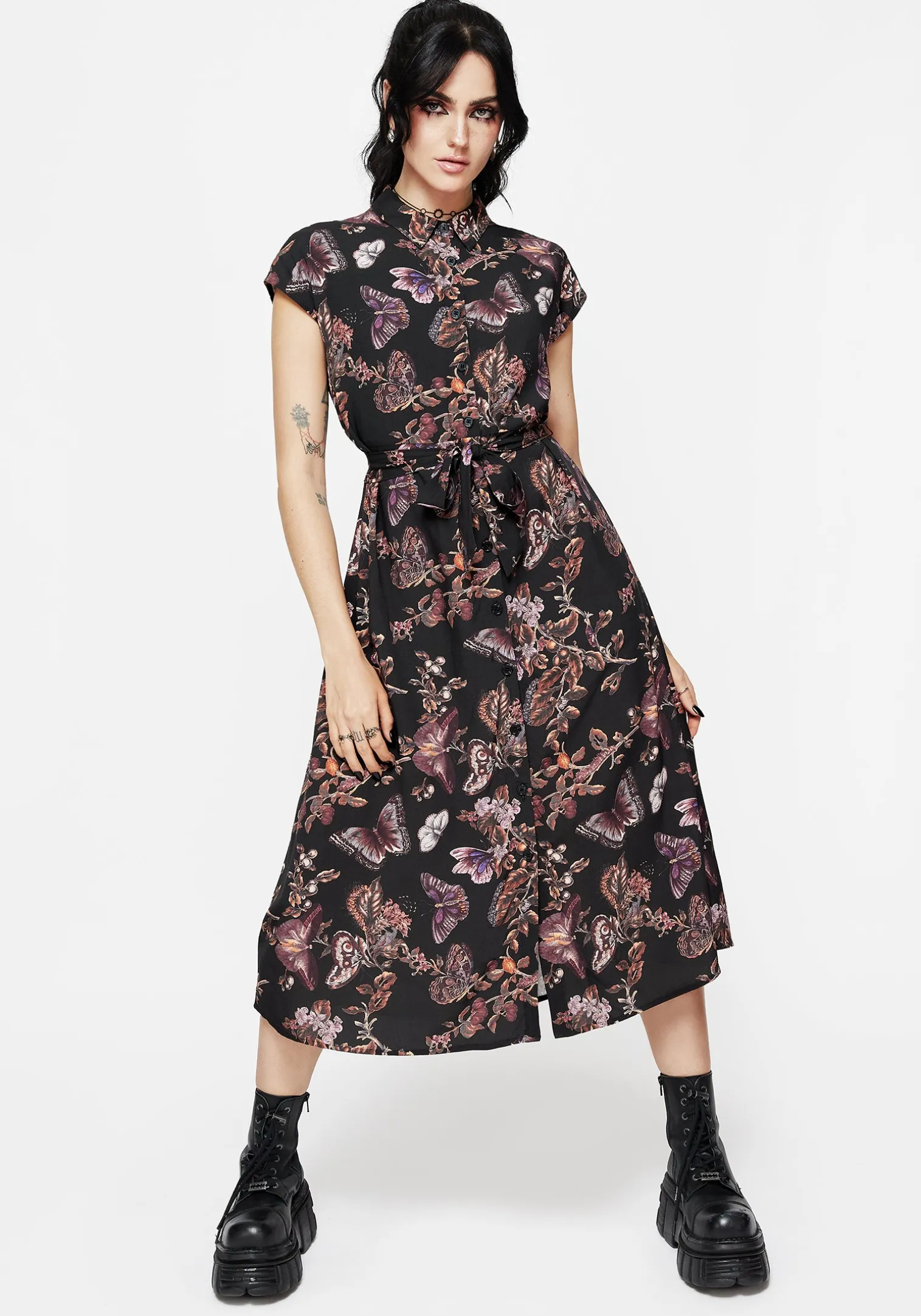 Eloise Floral Butterfly Print Button Up Midi Dress