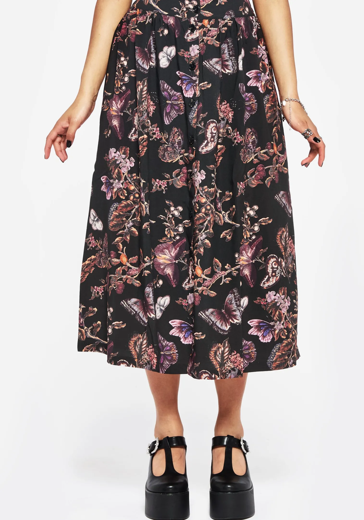 Eloise Floral Butterfly Print Button Up Midi Skirt