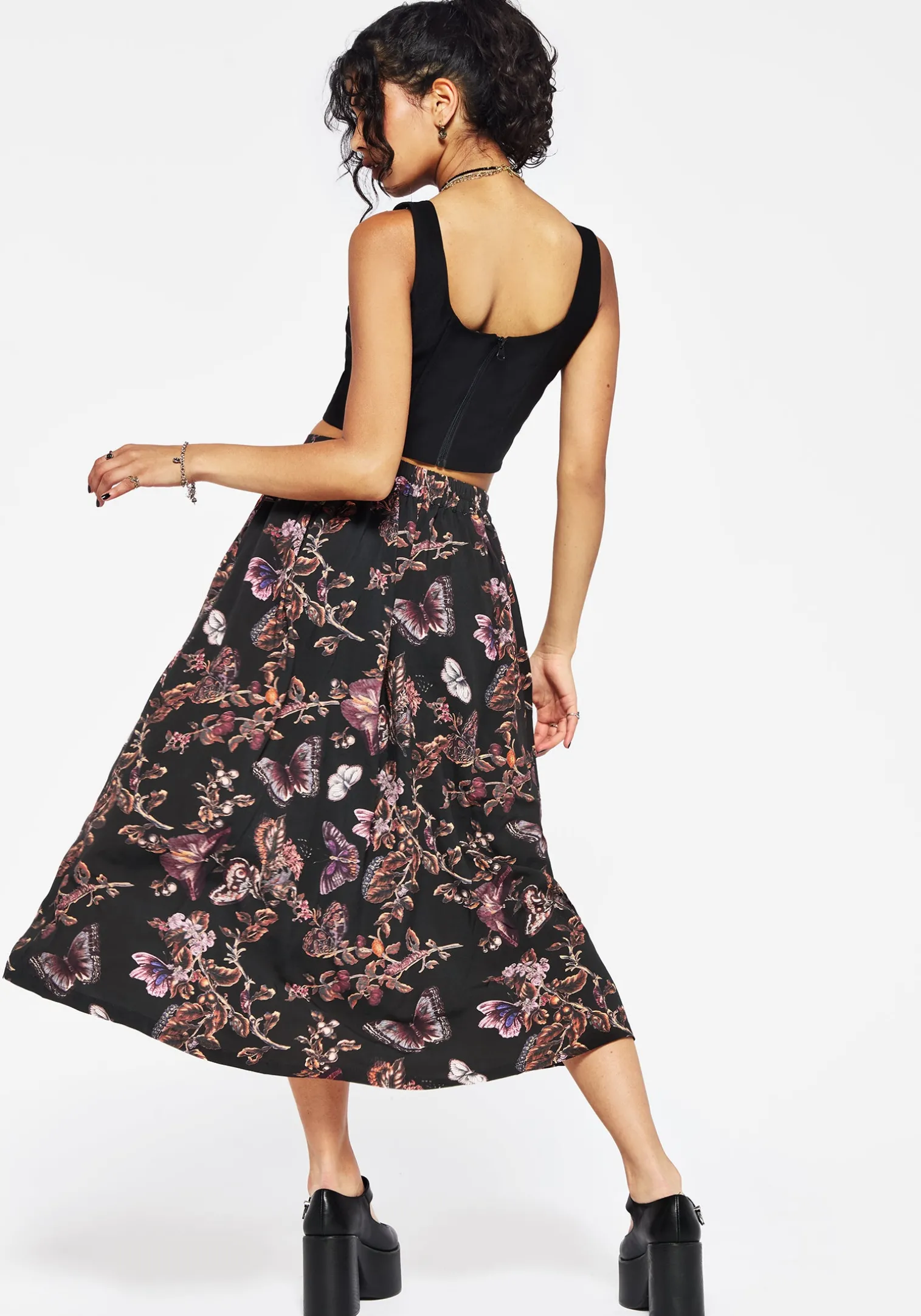 Eloise Floral Butterfly Print Button Up Midi Skirt