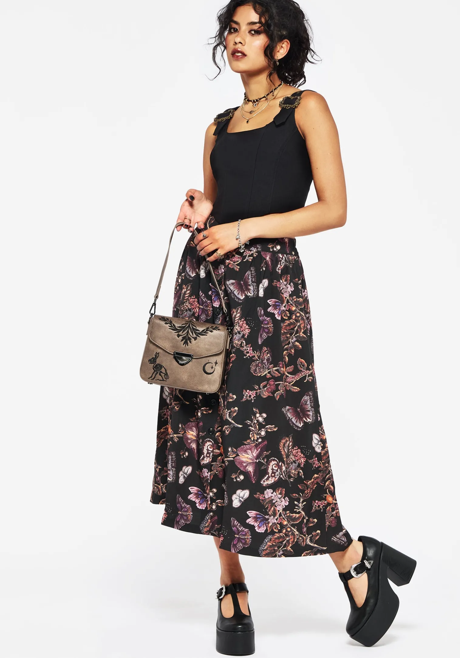 Eloise Floral Butterfly Print Button Up Midi Skirt