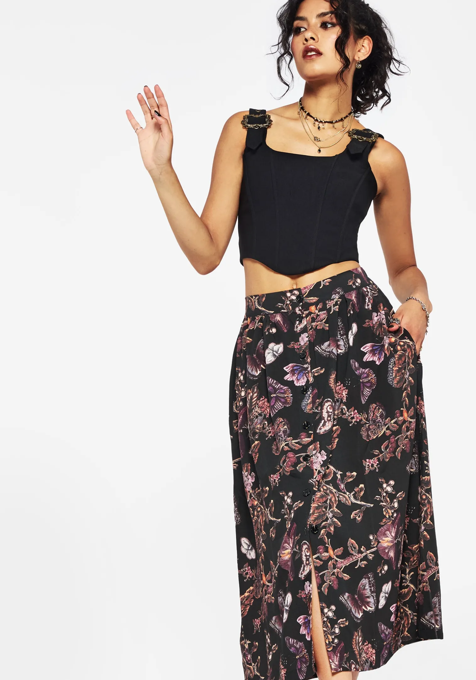 Eloise Floral Butterfly Print Button Up Midi Skirt