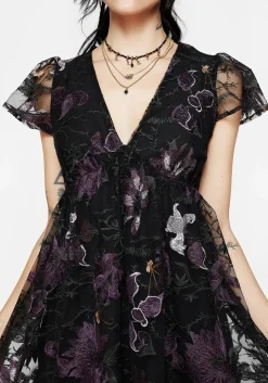 Estrid Embroidered Mesh Flute Sleeve Mini Dress