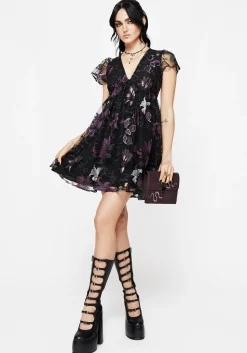 Estrid Embroidered Mesh Flute Sleeve Mini Dress