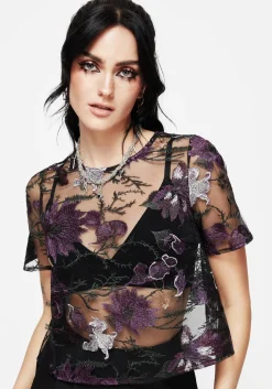 Estrid Embroidered Mesh Tie Back Blouse Top