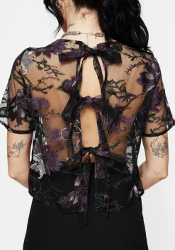 Estrid Embroidered Mesh Tie Back Blouse Top