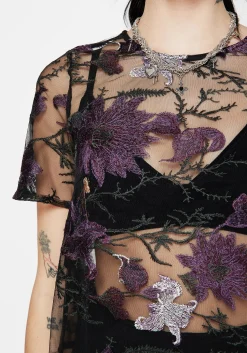 Estrid Embroidered Mesh Tie Back Blouse Top
