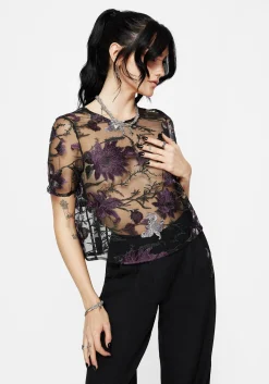 Estrid Embroidered Mesh Tie Back Blouse Top
