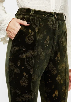 Faefire Foil Print Velour Split Slim Flare Trousers - Green