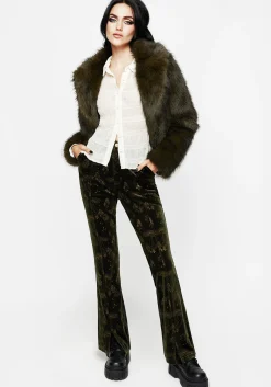 Faefire Foil Print Velour Split Slim Flare Trousers - Green