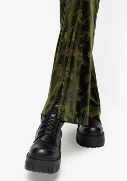 Faefire Foil Print Velour Split Slim Flare Trousers - Green