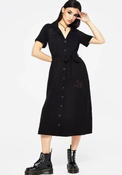Fairfolk Floral Embroidery Tie Waist Button Down Midi Shirt Dress