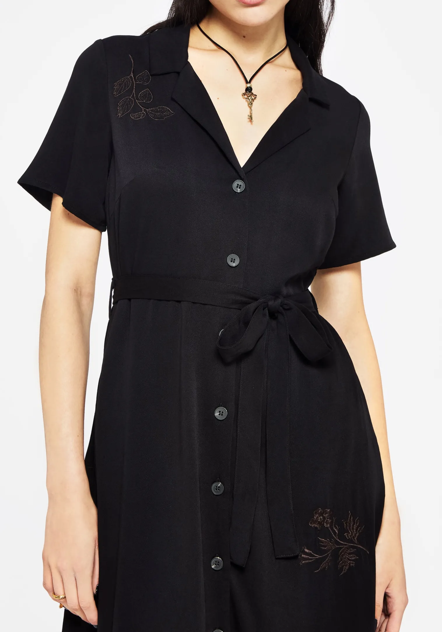 Fairfolk Floral Embroidery Tie Waist Button Down Midi Shirt Dress