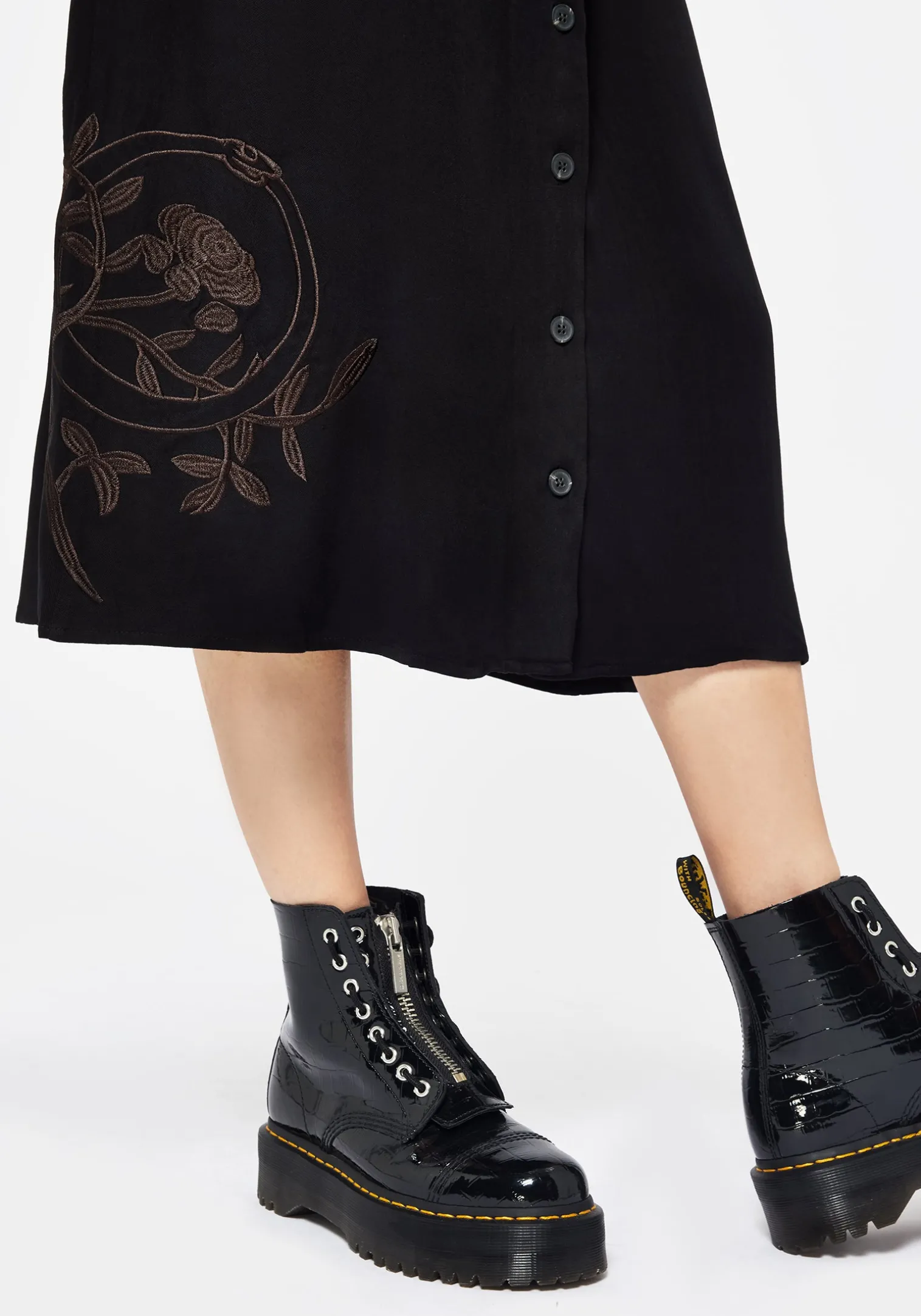 Fairfolk Floral Embroidery Tie Waist Button Down Midi Shirt Dress
