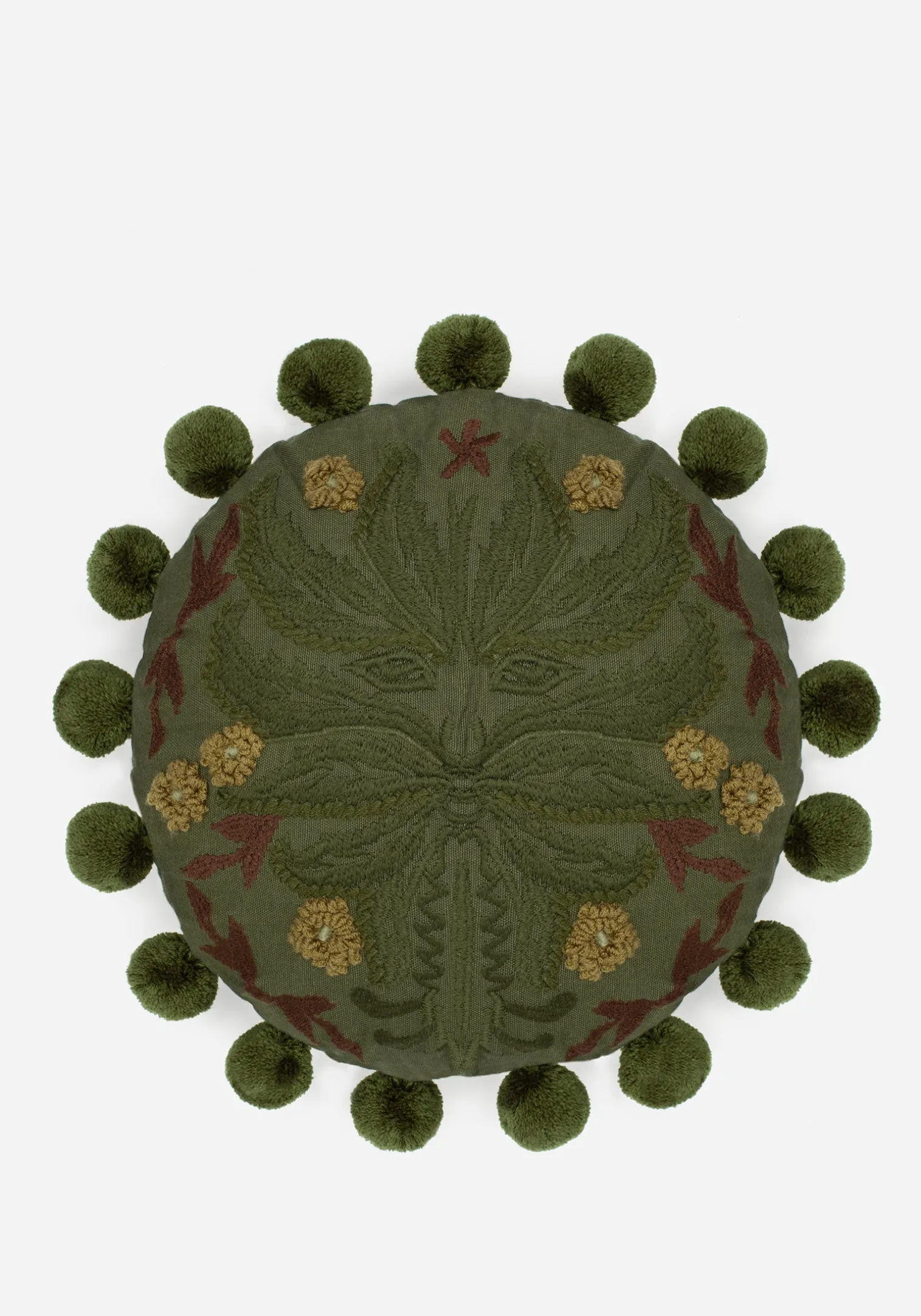Foliate Embroidered Pom-Pom Round Cushion