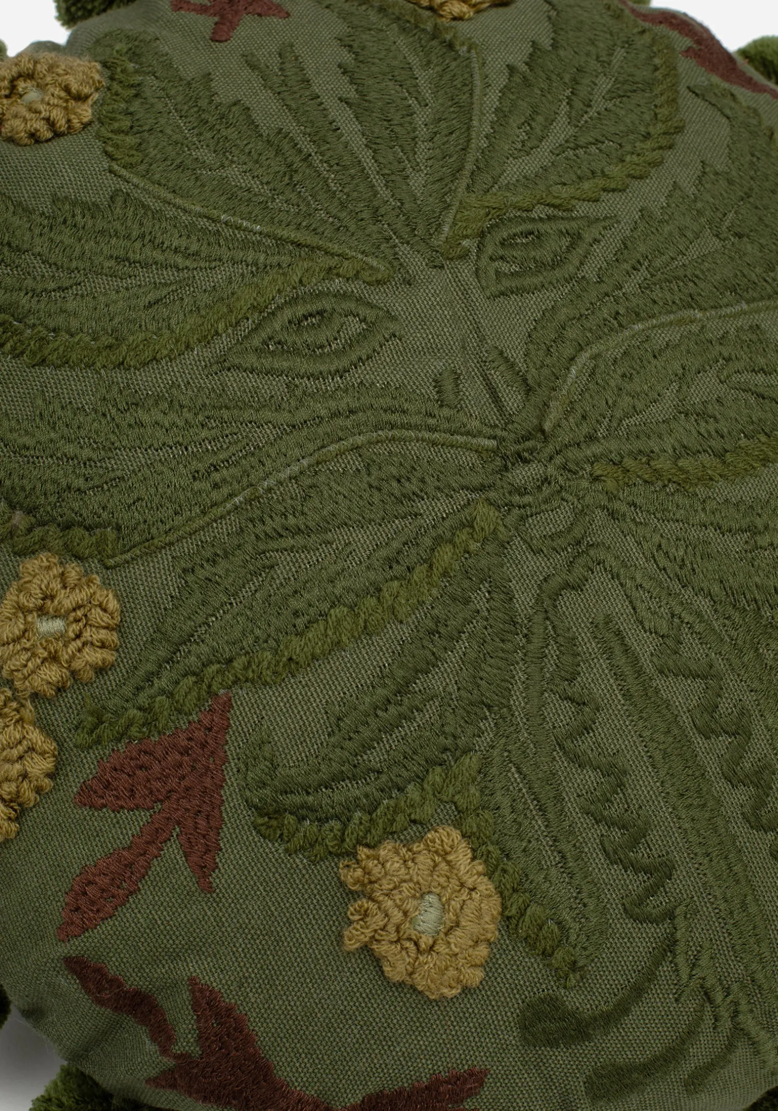 Foliate Embroidered Pom-Pom Round Cushion