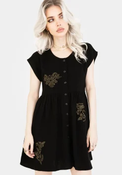 Foliate Linen-Blend Embroidered Button Up Mini Dress - Black