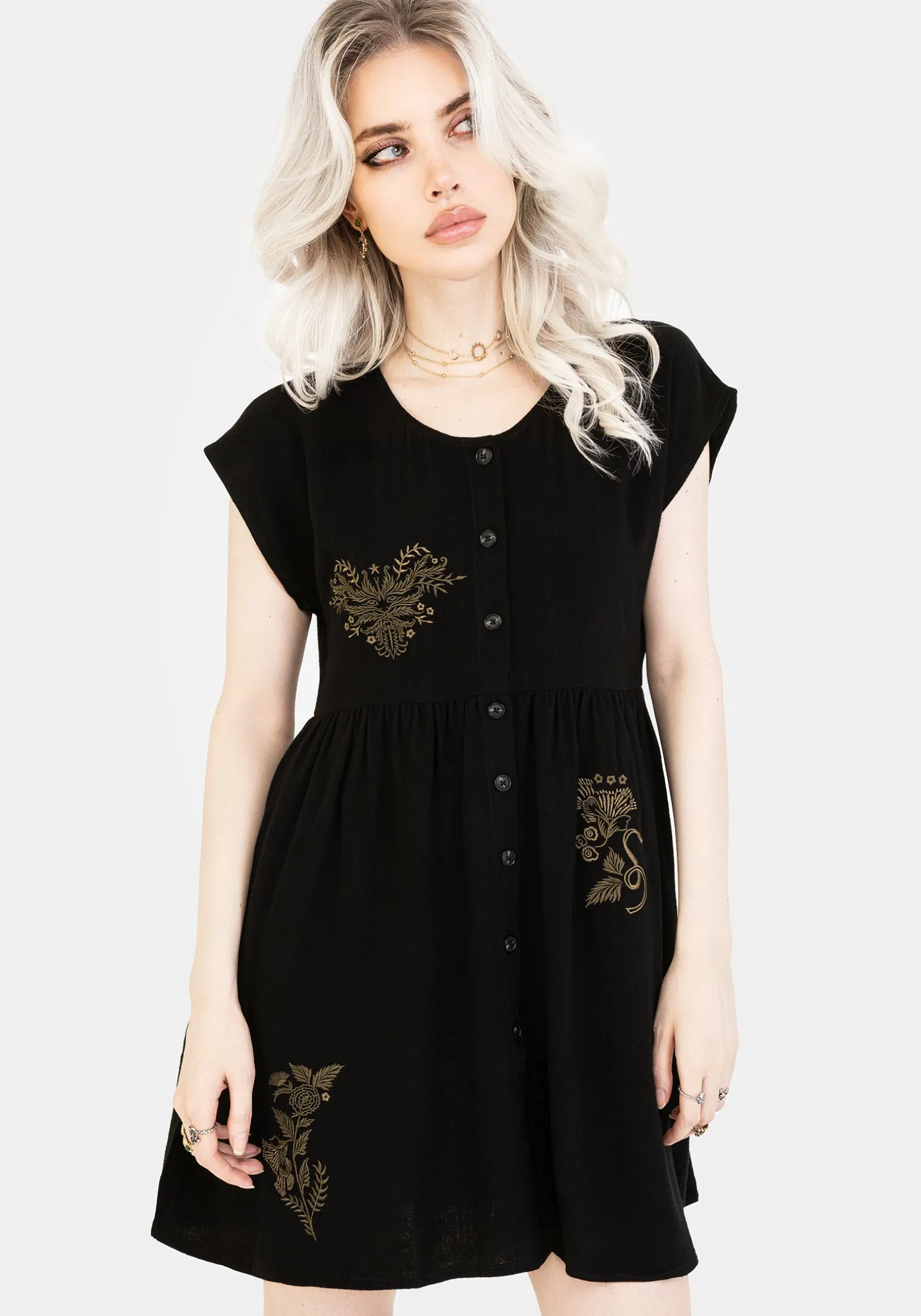Foliate Linen-Blend Embroidered Button Up Mini Dress - Black