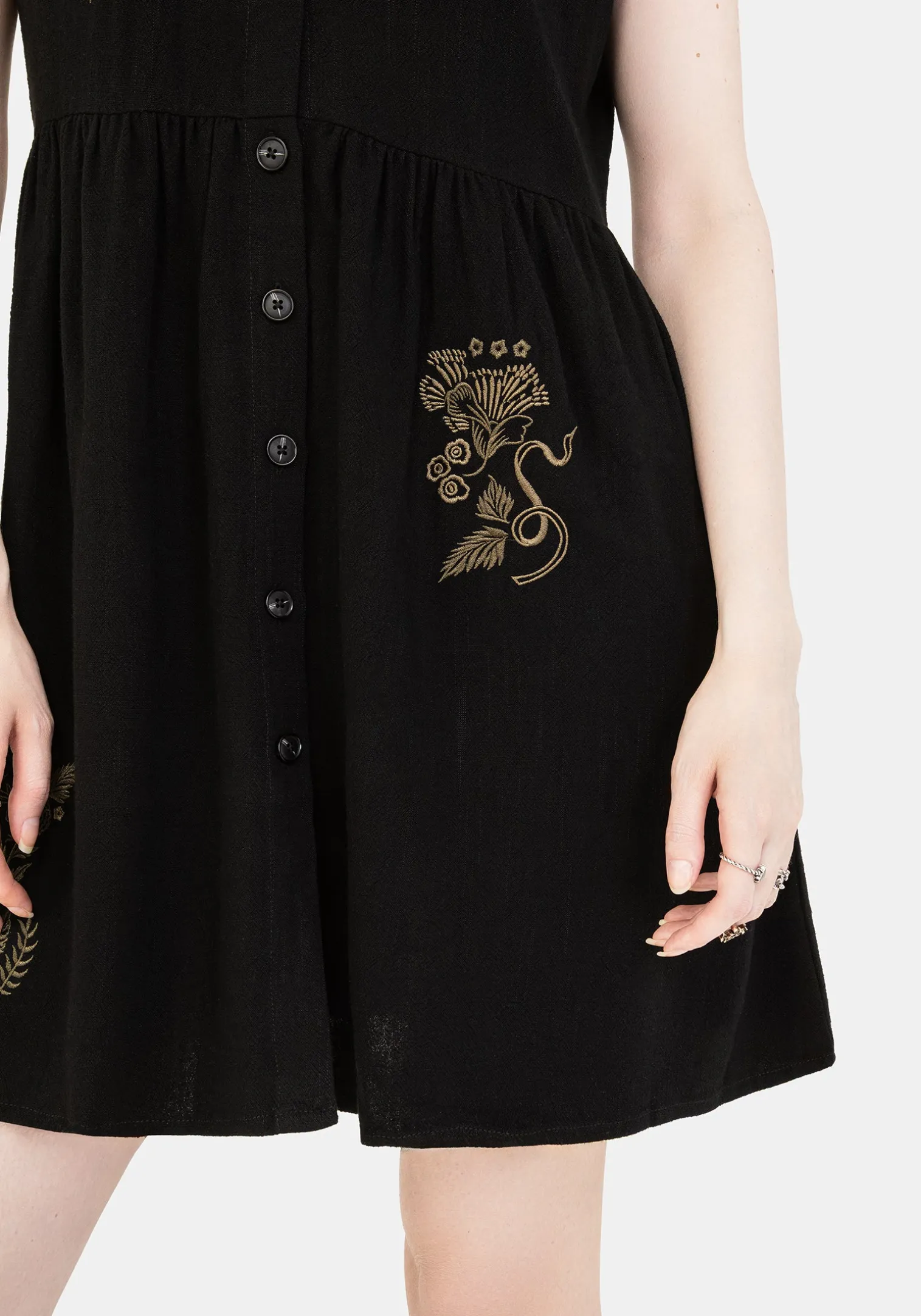 Foliate Linen-Blend Embroidered Button Up Mini Dress - Black