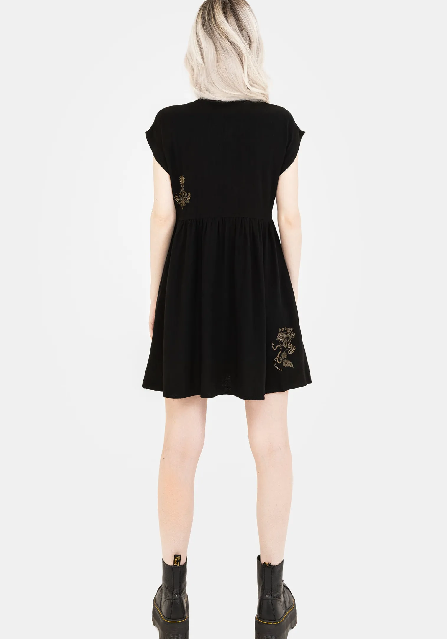 Foliate Linen-Blend Embroidered Button Up Mini Dress - Black