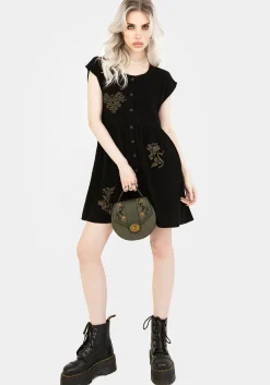 Foliate Linen-Blend Embroidered Button Up Mini Dress - Black