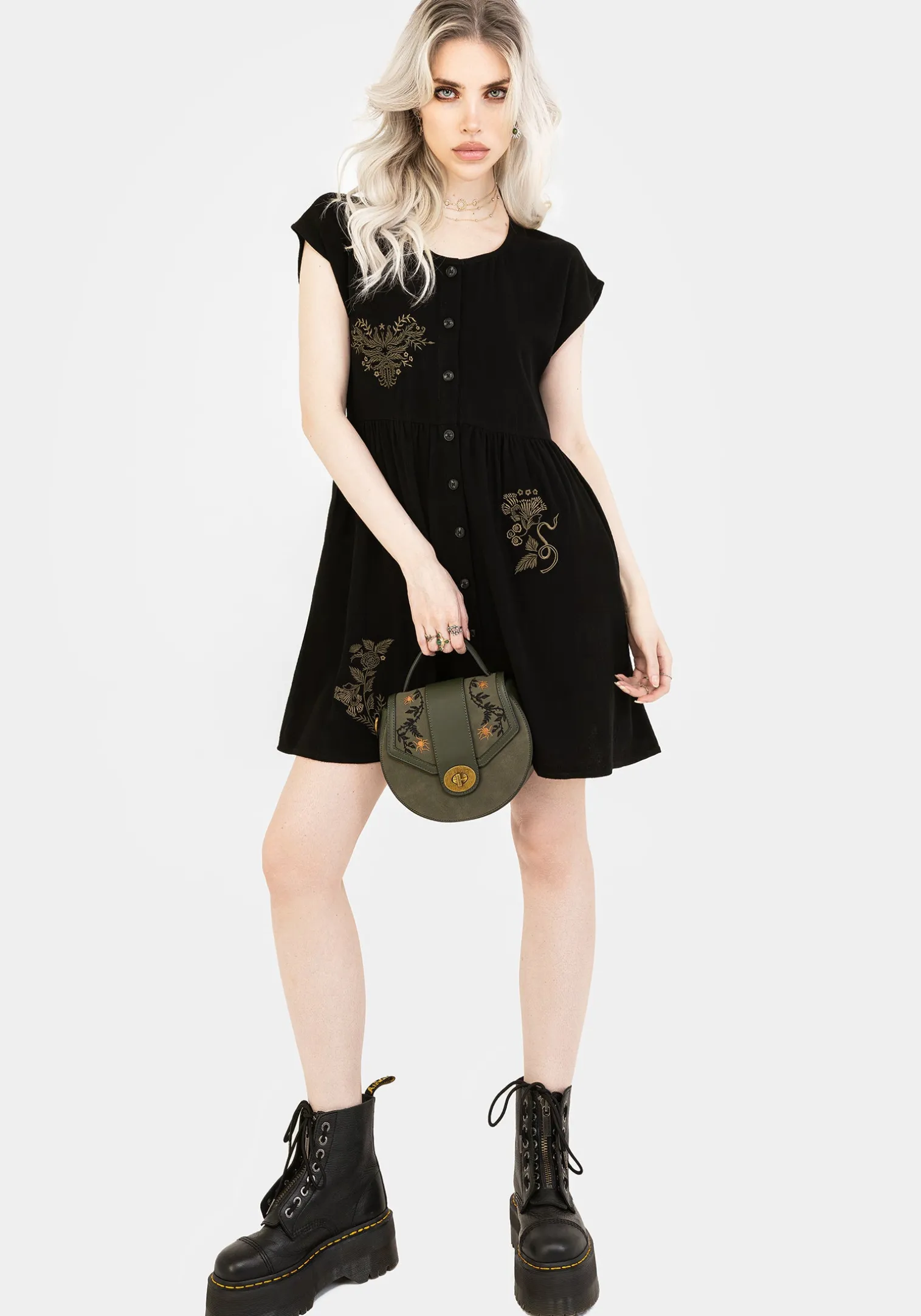 Foliate Linen-Blend Embroidered Button Up Mini Dress - Black