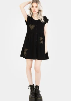 Foliate Linen-Blend Embroidered Button Up Mini Dress - Black