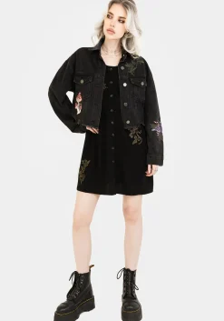 Foliate Linen-Blend Embroidered Button Up Mini Dress - Black