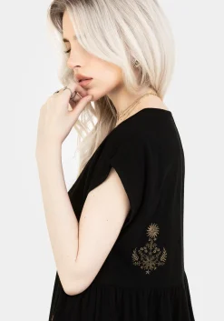 Foliate Linen-Blend Embroidered Button Up Mini Dress - Black
