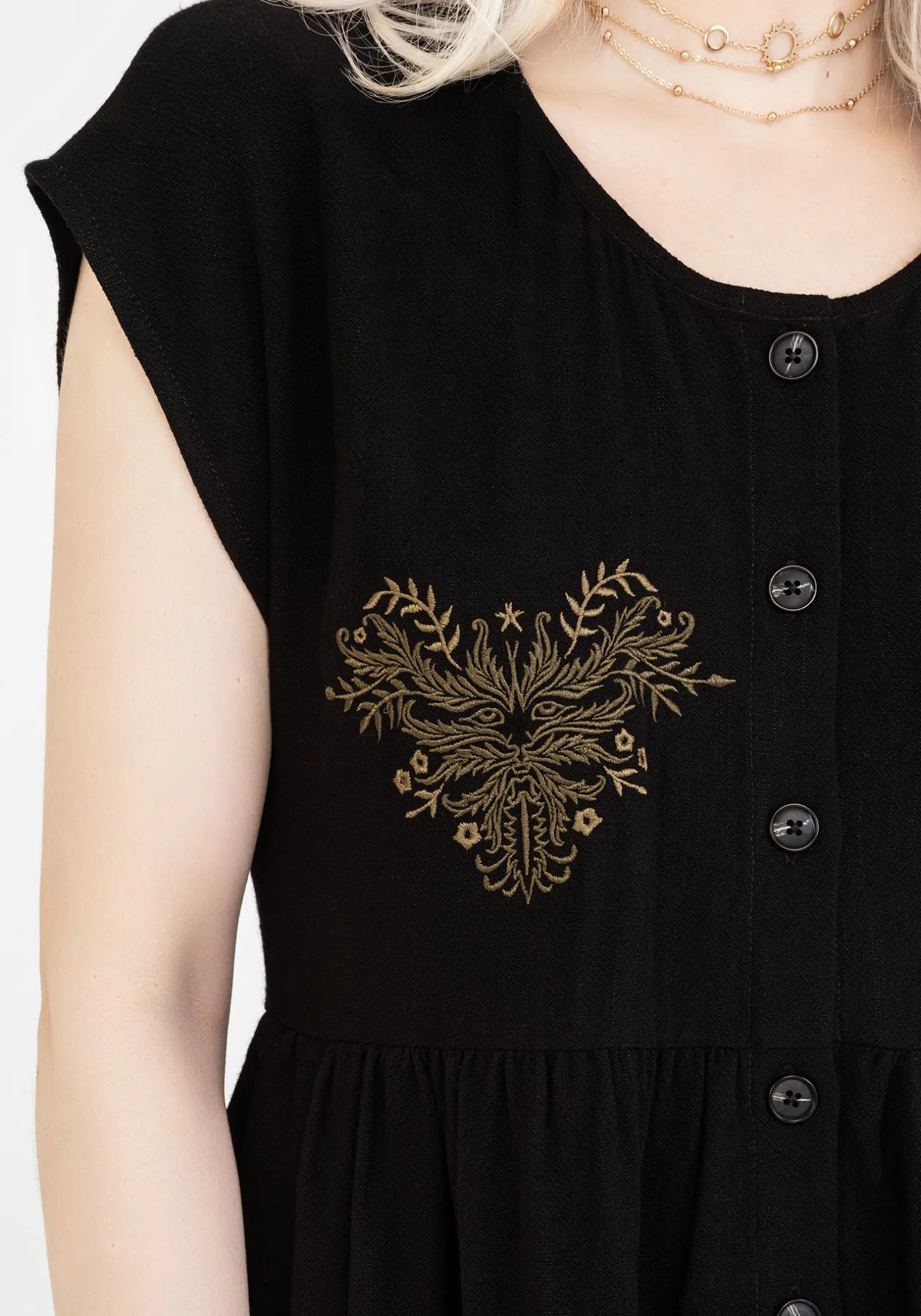 Foliate Linen-Blend Embroidered Button Up Mini Dress - Black