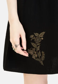 Foliate Linen-Blend Embroidered Button Up Mini Dress - Black