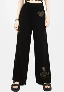 Foliate Linen-Blend Embroidered Wide Leg Trousers - Black