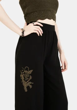Foliate Linen-Blend Embroidered Wide Leg Trousers - Black