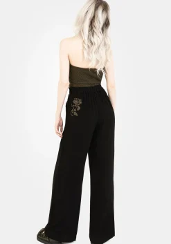 Foliate Linen-Blend Embroidered Wide Leg Trousers - Black