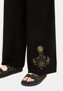 Foliate Linen-Blend Embroidered Wide Leg Trousers - Black