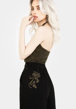 Foliate Linen-Blend Embroidered Wide Leg Trousers - Black