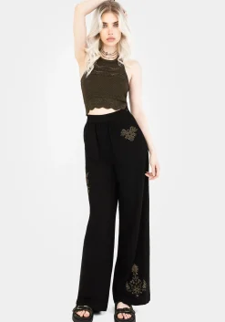 Foliate Linen-Blend Embroidered Wide Leg Trousers - Black
