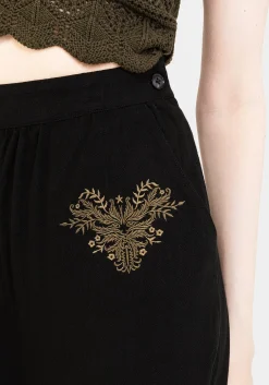 Foliate Linen-Blend Embroidered Wide Leg Trousers - Black