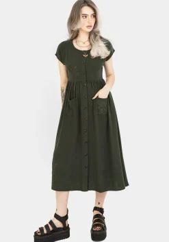 Foliate Linen-Blend Embroidered Button Up Midi Dress - Green