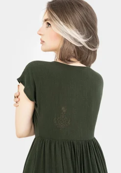 Foliate Linen-Blend Embroidered Button Up Midi Dress - Green