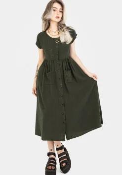 Foliate Linen-Blend Embroidered Button Up Midi Dress - Green